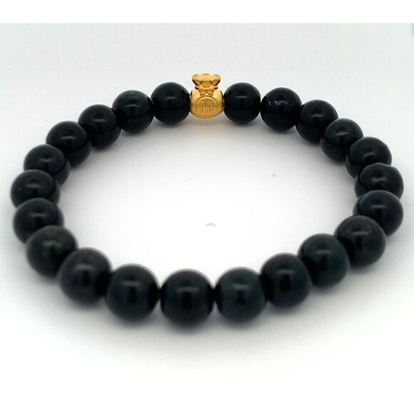 Natural Jade Black Stretchable Bracelet Size 6 with 24K Gold Money Bag - Picture 2 of 8